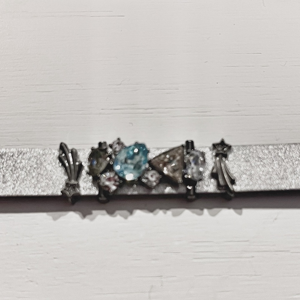 Silver gunmetal leather bracelet cluster of jewels and shooting stars charms